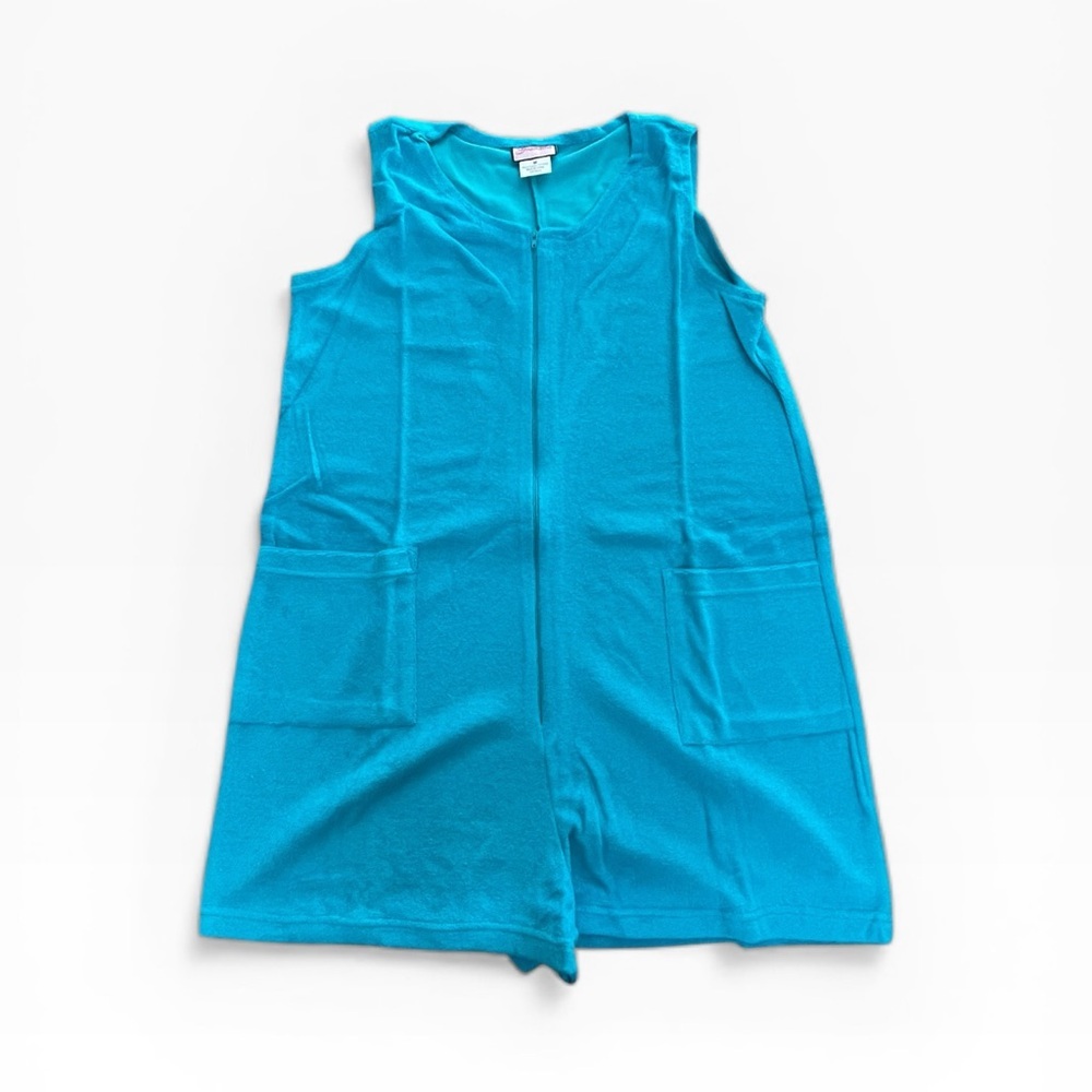 Vintage Granada Turquoise Terry Cloth Cover Up Sleeveless Zip Front Pockets Sz M